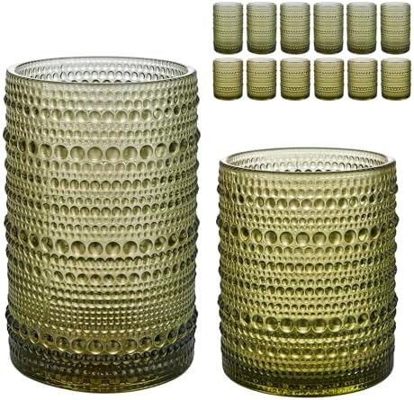 HomeVogue Vintage Hobnail Drinking Glasses Set of 12, 15 oz Highball Glasses & 12 oz Cocktail Glasses Set, Green Kitchen Water Glasses Cup, Bar Tumbler Glassware Set for Beer, Juice, Whiskey, Milk
