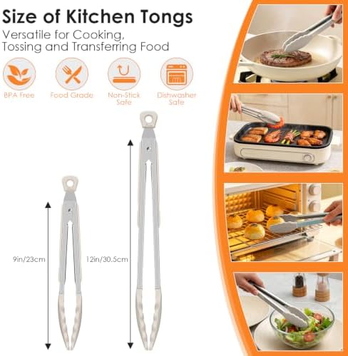 HOTEC Stainless Steel Kitchen Tongs with Silicone Tips, Set of 2-9" and 12"
