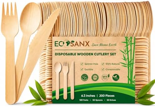 ECOSANX® 200 PCs Disposable Wooden Cutlery set 6.3" Splinter Free Compostable Utensils for party, Eco-Friendly, 100% All-Natural Bamboo Utensils set for picnic, Bamboo cutlery set for Events & More