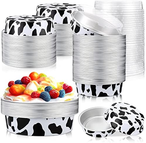 Yinder 120 Pcs 8 oz Disposable Creme Brulee Ramekins with Lids, 4 Inch Mini Pie Tins Aluminum Foil Pie Tart Cake Baking Pans Individual Round Containers Oven Safe for Xmas, Party(Cow Print)