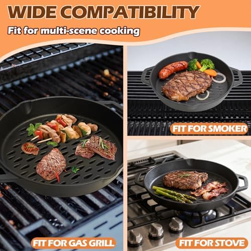 12" Round Cast Iron Grill Basket with Dual Handles – For Veggies/Fish/Meat