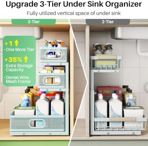 Under Sink Organizer, 1-Pack 3-Tier Height Adjustable Thickened Metal Pull out Cabinet Organizer Shelf, Slide out Storage Drawer Rack for Bathroom Kitchen Pantry Home Organization, LightBlue
