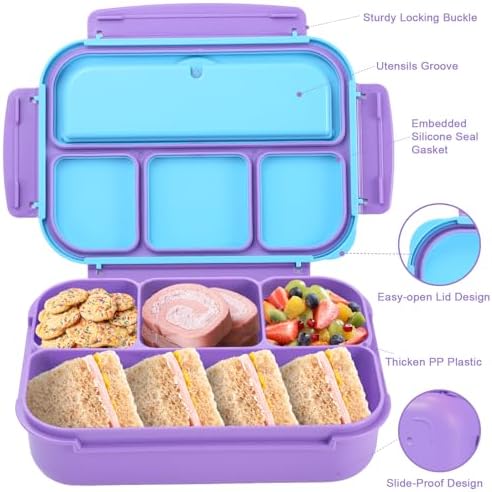shell and turtle Bento Box for Kids Girls Boys, Bento Box Adult Lunch Box with 4 Compartments, Lunch Containers with Utensils, Sauce Jar, Muffin Liners for School, 40 Oz/5 Cup, Purple