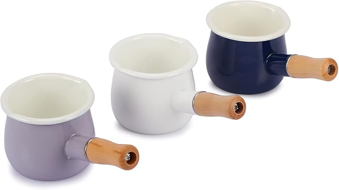 0.6qt Mini Enamel Milk Pot Insulated Wooden Handle 2 Pour Spouts Small Food Warmer Cute Saucepan(D015,Blue) …