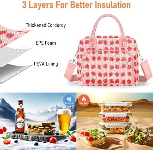 Lunch Bag Large Insulated Lunch Box for Women Adult Cute Pink Strawberry Lunchbox Corduroy Lunch Bags Boxes Pail with Shoulder Strap for Work (Big Red Strawberry)