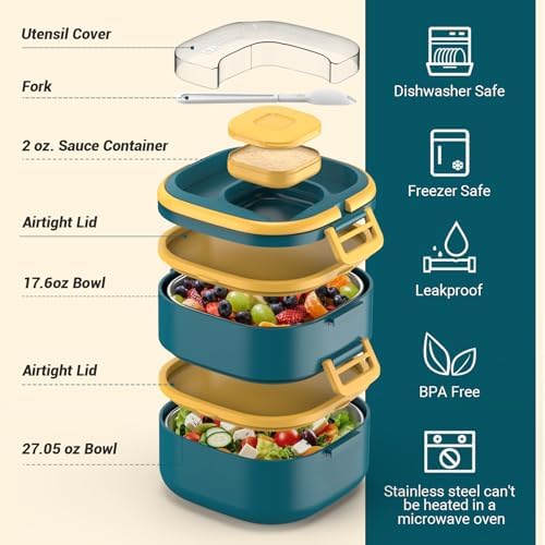 PEDECO Double-Layer Bento Lunch Box for Kids & Adults with Removable Stainless Steel Dividers,Dressing Container,BPA-Free,Dishwasher Safe - Includes Utensil,(Blue,Non-Insulated)