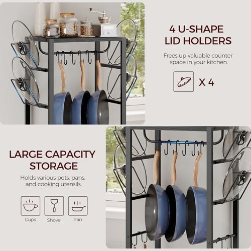 MAHANCRIS 4-Tier Pot Rack, Pots and Pans Organizer for Kitchen Corner, Kitchen Storage Rack with U-Shaped Lid Holders, Freestanding Cookware Stand, Black POBK3001