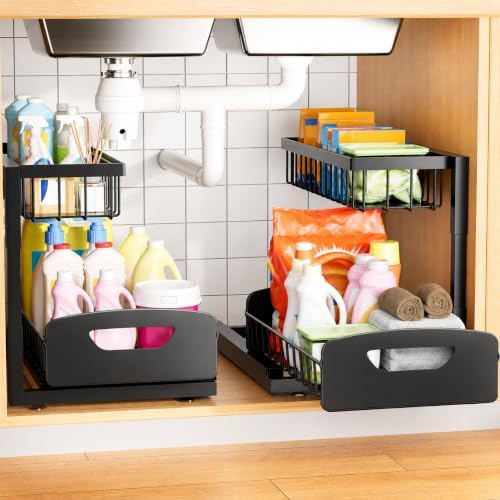 Under Kitchen Sink Organizer, Metal Pull Out Bathroom Organizers and Storage, 2-Tier Cabinet Organizer Shelf with Sliding Drawer, Home Organization for Kitchen, Laundry, Pantry, Black, 2 pack