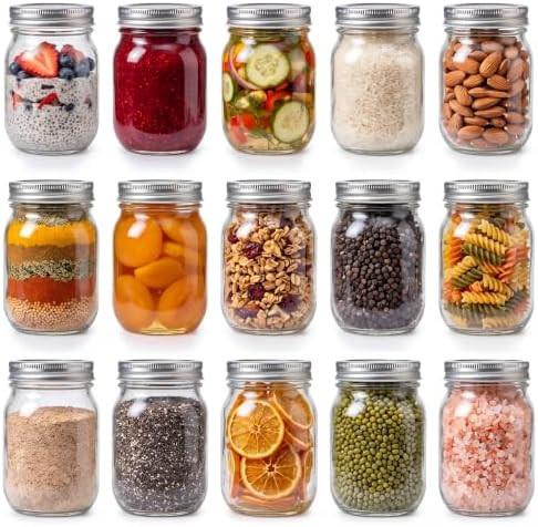 YINGERHUAN Glass Regular Mouth Mason Jars, 16 oz Clear Glass Jars with Silver Metal Lids for Sealing, Canning Jars for Food Storage, Overnight Oats, Dry Food, Snacks, Candies, DIY Projects (15PACK)