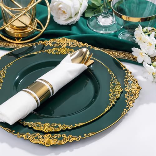 Nervure 350Pcs Green Plastic Plates, Plastic Dinnerware Set for 50 Guests