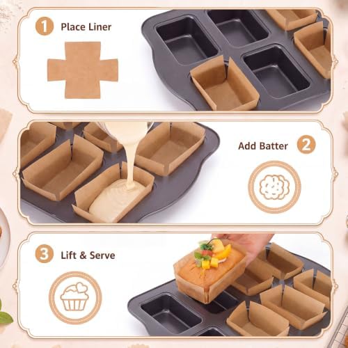 2 Pack Mini Loaf Baking Pans, Nonstick Rectangular Cake Baking Pans Black Carbon Steel Bakeware Set with 400 Sheets Cross Cut Parchment Paper, Heavy Duty Brownie Lasagna Bread Pan for Oven