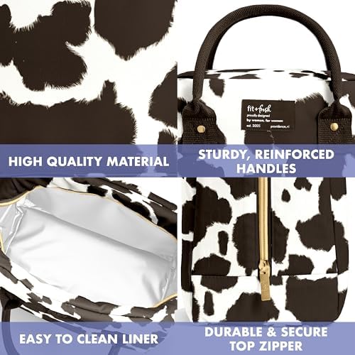 Fit & Fresh Bloomington Lunch Bag for Women - Insulated Large Lunch Box for Work with Containers, Leak-Resistant, Stain-Resistant, Zipper Closure Cowhide Brown on Brown