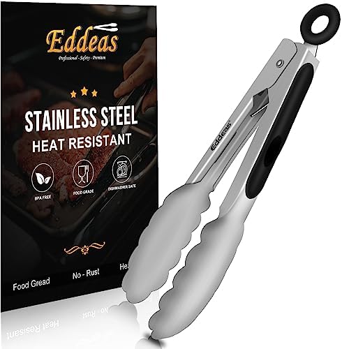 Eddeas Small Tongs For Cooking, Mini 7 inch Kitchen Tongs -Heat Resistant 600 Degrees Stainless Steel and Non-Slip handle - Perfect for Cooking, Salad, Pasta, Steaks, Vegetables,Dishwasher safe