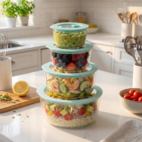 Urban Green Glass Food Container Set with Glass Lid, 4 Pack, Meal Prep Containers with Silicone Framed Airtight Lid, Leakproof, 100% Plastic Free,