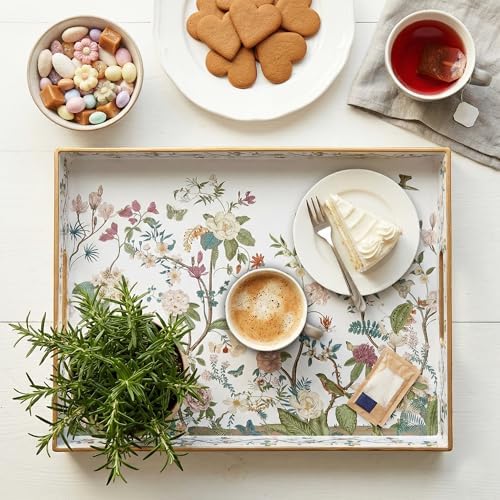 Serving Tray with Handles, Rectangular Plastic Tray 15.75x11.81 Inch, Floral Art with Peony, Hydrangea, Magnolia & Magpie Style Decorative Tray for Kitchen, Dining Table, Vanity, Office & Home