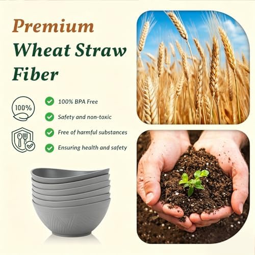 Homienly Wheat Straw Bowls, Large Salad Bowls Set of 6-60 OZ Serving Bowl for Kitchen, Camping, Party - Unbreakablke Microwave and Dishwasher Safe Big Cereal Bowl, Large Soup Bowl - Grey