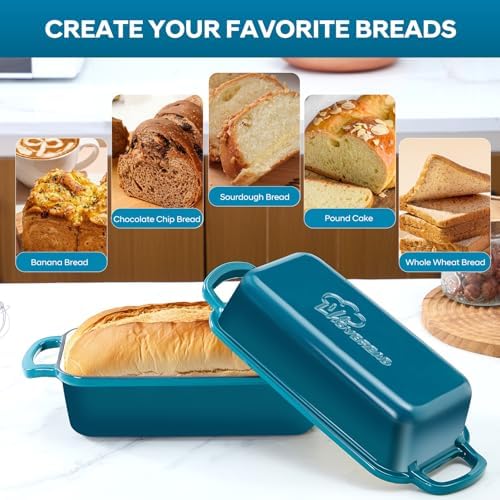 Cast Iron Loaf Pan with Lid 10x5 Inch Enameled Bread Loaf Pan for Sourdough, 2 Piece Set, Emerald