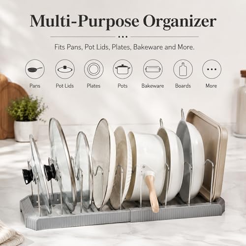 Pots and Pans Organizer Under Cabinet, Adjustable Pot Organizer Rack