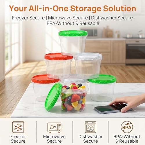 EONJOE 32oz Plastic Freezer Food Leftovers Containers with Lids, 12pcs