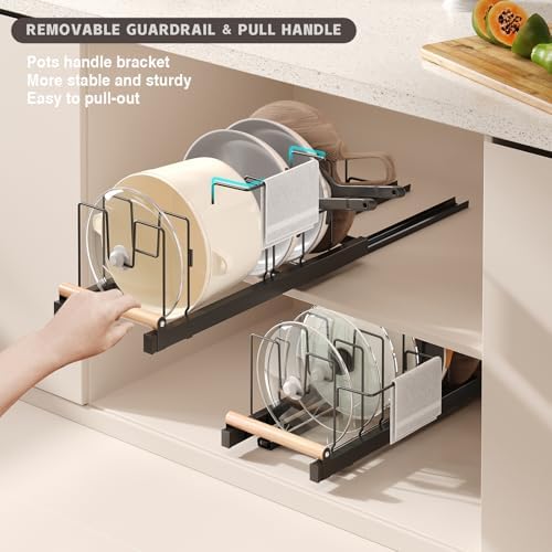 Magheo 2 Pack Pull Out Pots and Pans Organizer Under Cabinet, 22" Deep Expandable Pot Lid Organizer and Storage with 10 Adjustable Dividers Adhesive Pot and Pan Holder Rack with Handle Bracket(Black)
