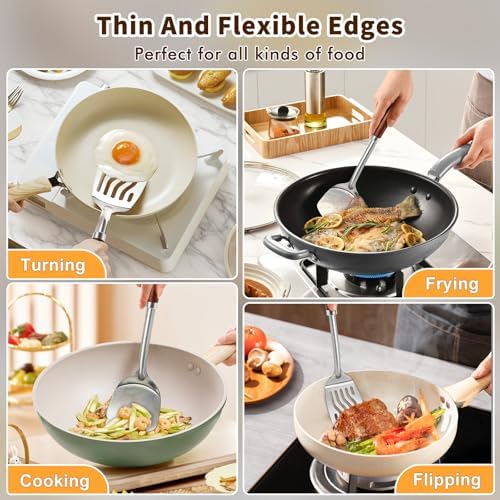 2 Pcs Stainless Steel Spatulas Set, Metal Spatula Solid & Slotted Turner, Heavy Duty Sturdy Spatula for Kitchen Use, High Heat Resistant Cooking Utensils for Fish Eggs Pancakes, Easy to Clean, Silver