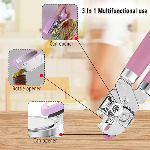 Manual Can Opener, Stainless Steel Smooth Edge Hand Held Can Opener, Heavy Duty Multifunctional Bottle Opener With Easy Turn Knob