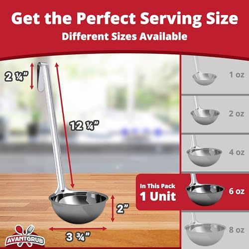 Super Sturdy, Ergonomic 6 Oz. Soup Ladle 1 Pk. Stainless Steel Ladles with Long Handles. Best Kitchen Accessories for Stirring, Portioning and Serving Soups, Chili and Stew in Restaurants and at Home