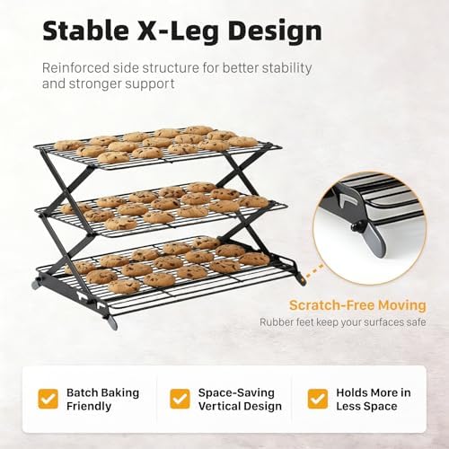 3-Tier Collapsible Cooling Rack, Adjustable Wire Baking Rack, Black