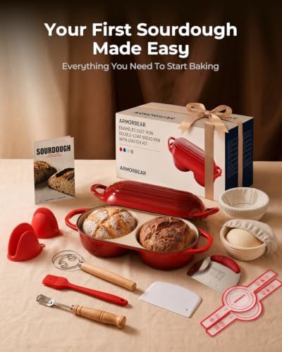 Sourdough Bread Baking Kit with Double Loaf Cast Iron Bread Pan, Red