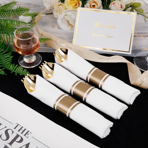 400PCS Gold Wrapped Silverware Set Disposable Hammered for Weddings