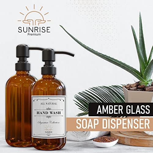 Sunrise Premium Amber Glass Soap Dispenser Matte Black with Pump, 2 Pack