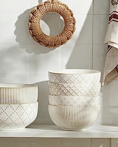 getstar Ceramic Soup Bowls, Big Cereal Bowl Set of 4 with Assorted Embossment (6.1 inch & 30 oz), Farmhouse Vintage Color Bowls for Kitchen