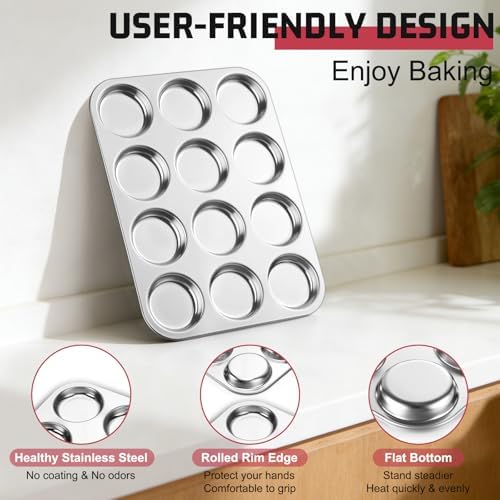 E-far 2 Pack Muffin Top Pan, 12-Cavity Stainless Steel Shallow Cupcake Pan