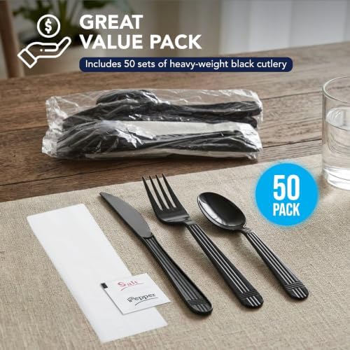 Party Essentials Individually Wrapped Plastic Cutlery Packets/Heavy Duty Silverware Kits, Fork/Spoon/Knife/Napkin/Salt/Pepper, 50 Utensils Sets, Black