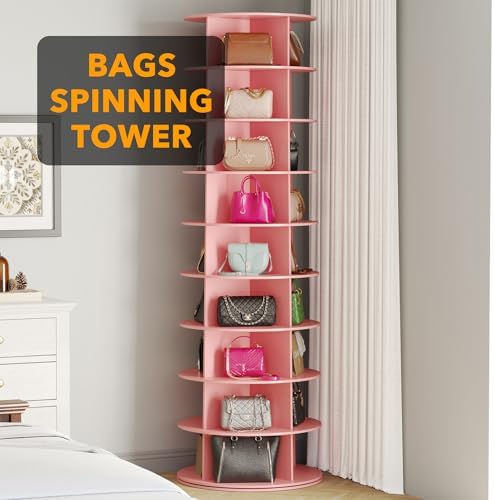 SpaceAid 9 Tier Rotating Shoe Rack Tower, Spinning Shoe Display Lazy Susan, Revolving 360 Shoe Rack Storage Round Carousel, Vertical Handbag Rotate Shoes Closet Organization (9-Tier Pink)