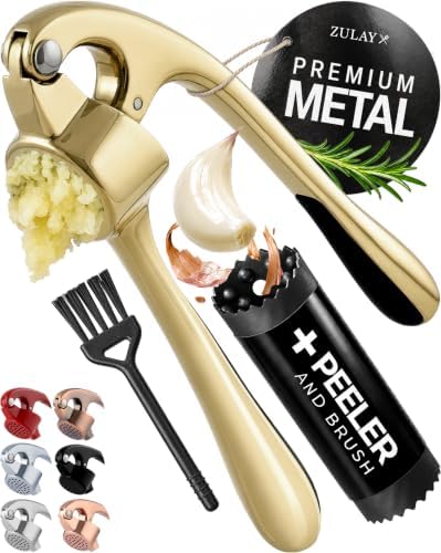 Zulay Kitchen Premium Garlic Press with Soft, Easy to Squeeze Handle - Includes Silicone Garlic Peeler & Cleaning Brush - 3 Piece Garlic Mincer Tool - Sturdy Easy to Clean Garlic Crusher (Gold)