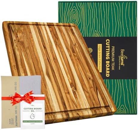 BEEFURNI Large Teak Wood Cutting Board with Juice Groove (22x16x1.25", L)