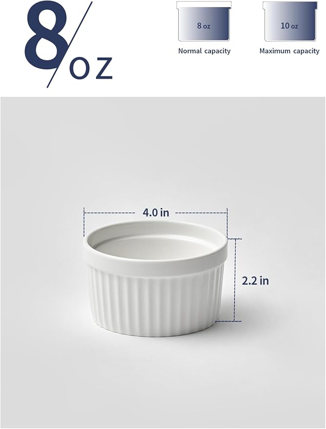 8 oz Ramekins Set of 6, Porcelain Ramekins Oven Safe,Small Souffle Dishes for Creme Brulee, Ice Cream, and Sauces, 4 inch White Mini Baking Bowls