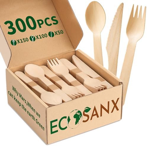 ECOSANX® 300 PCs Disposable Wooden Cutlery set 6.3" Splinter Free Compostable Utensils for party, Eco-Friendly, 100% All-Natural Bamboo Utensils set for picnic, Bamboo cutlery set for Events & More