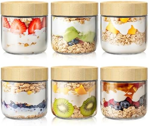 10 oz Overnight Oats Containers with Bamboo Lids, Glass Mason Jars 6 Pack