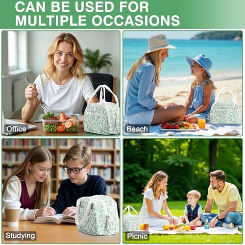 TESAFNG Lunch Bag - Insulated Lunch Box for Women, Reusable Large Capacity Cooler Bag for Adult, Small Leakproof Cute Corduroy Lunch Tote for Work Office Travel Picnic (Corduroy Green-Flower)