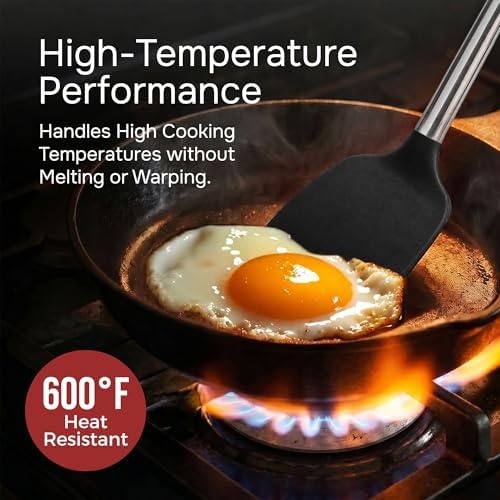 Silicone Spatula Set (2-Pc) - 600°F Heat Resistant, BPA-Free, Non-Scratch, Dishwasher Safe I Slotted & Solid Kitchen Spatula Turner I Ideal for Eggs, Pancakes, Fish I Stainless Steel I Black