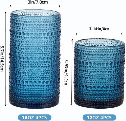 Hobnail Drinking Glasses Set of 8, Blue 12oz & 16oz Glass Cups