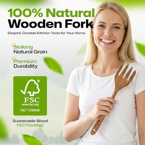 AIUHI Premium Teak Wood Salad Serving Fork, Ergonomic Handle Non-Scratch Wooden Cooking Fork, Durable Kitchen Utensil for Salad Mixing Pasta Tossing and Food Serving
