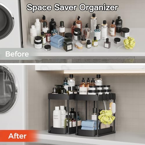 2 Packs Under Sink Pull-Out Storage Organizers, 12.8 Inches, Black