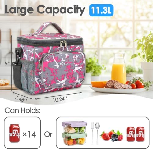 FlowFly Insulated Reusable Lunch Bag Adult Large Lunch Box for Women and Men with Adjustable Shoulder Strap,Front Zipper Pocket and Dual Large Mesh Side Pockets,Graffiti