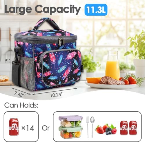 FlowFly Insulated Reusable Lunch Bag Adult Large Lunch Box for Women and Men with Adjustable Shoulder Strap,Front Zipper Pocket and Dual Large Mesh Side Pockets,Feather