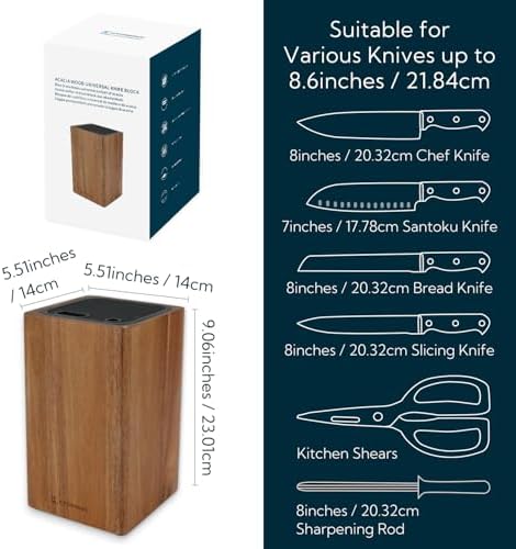 KITCHENDAO Deluxe Universal Knife Block with Slots for Scissors and Sharpening Rod - Acacia Wood Knife Block For Safe, Space Saver Knives Storage - Unique Slot Design to Protect Blades