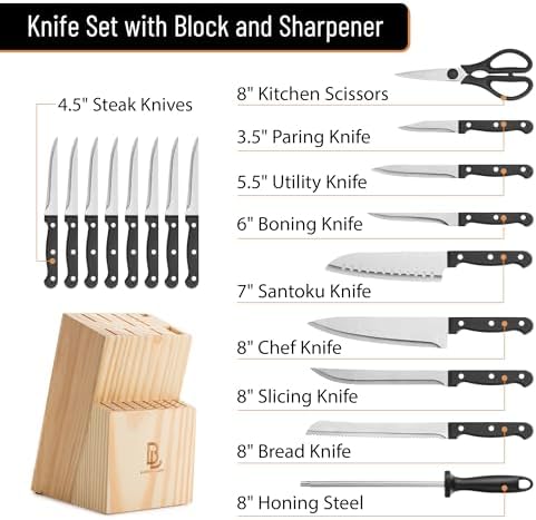 Kitchen Knife Set, 18 pcs, Includes Block & Sharpener