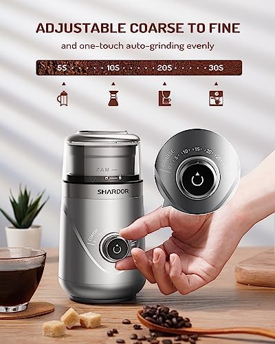 SHARDOR Electric Super Silent Blade Coffee Grinder, Timed Grind Control Rotary Knob, Adjustable Coarse to Fine for Coffee Beans, Spices & Herbs, with 1 Removable Stainless Steel Bowl, Sliver